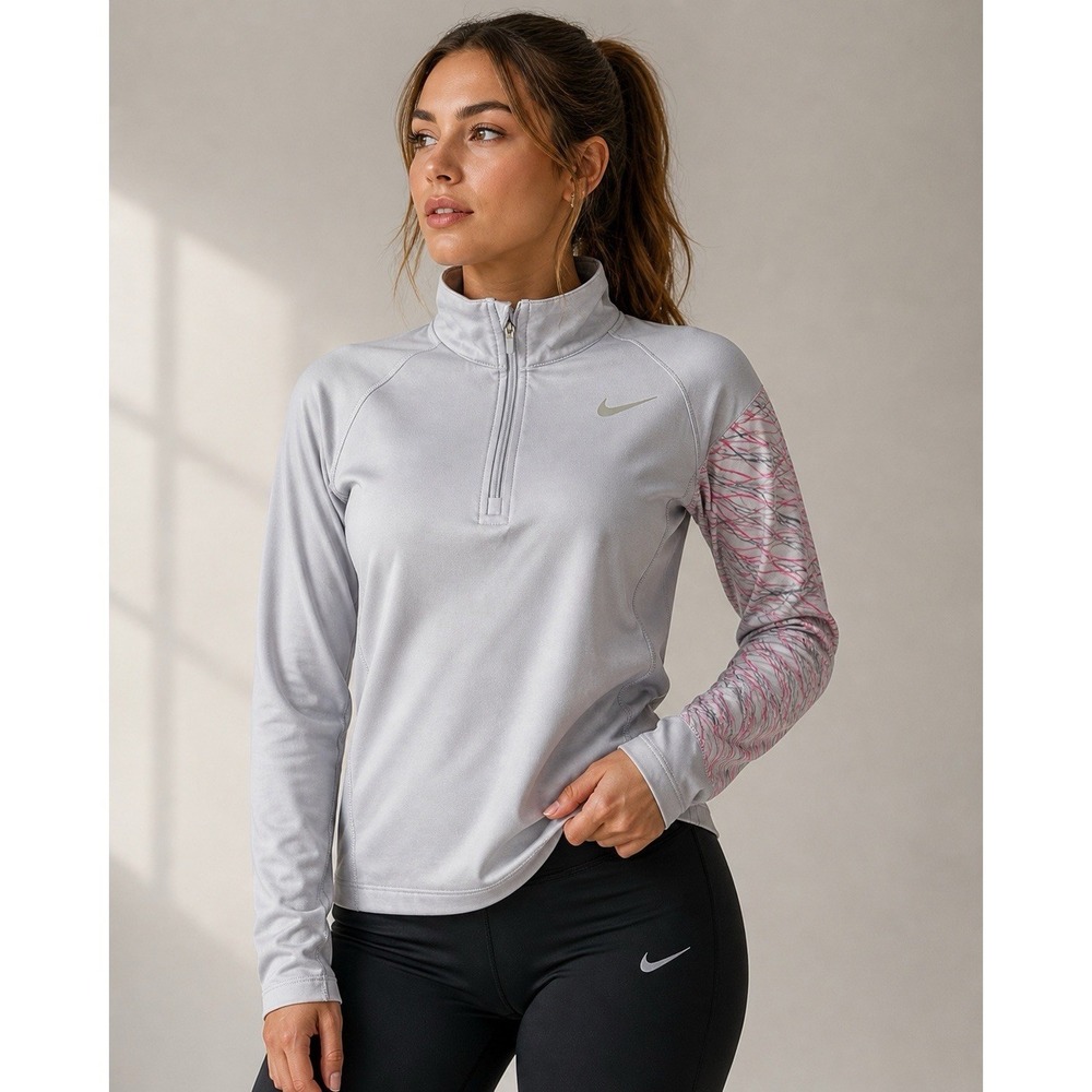 Nike Pro Combat Dri-Fit 1/4 Zip Pullover Women's S Gray w pink Fitted Athletic